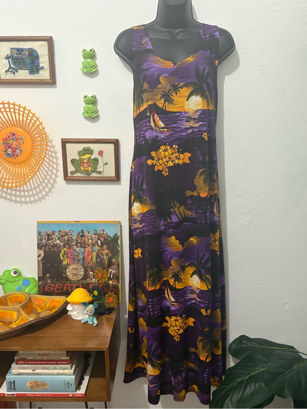 Vintage Women's Purple and Yellow Tropical Slink 90s Maxi Dress